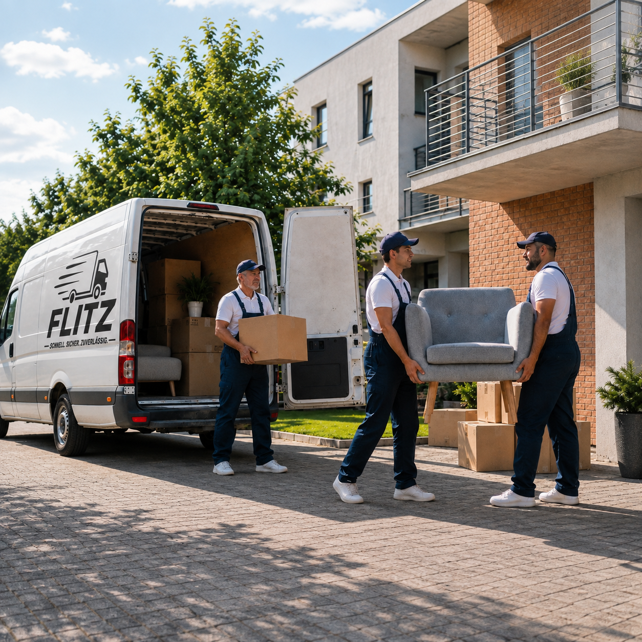 Flitz Umzug & Transport Team beim Umzug vor dem Transporter